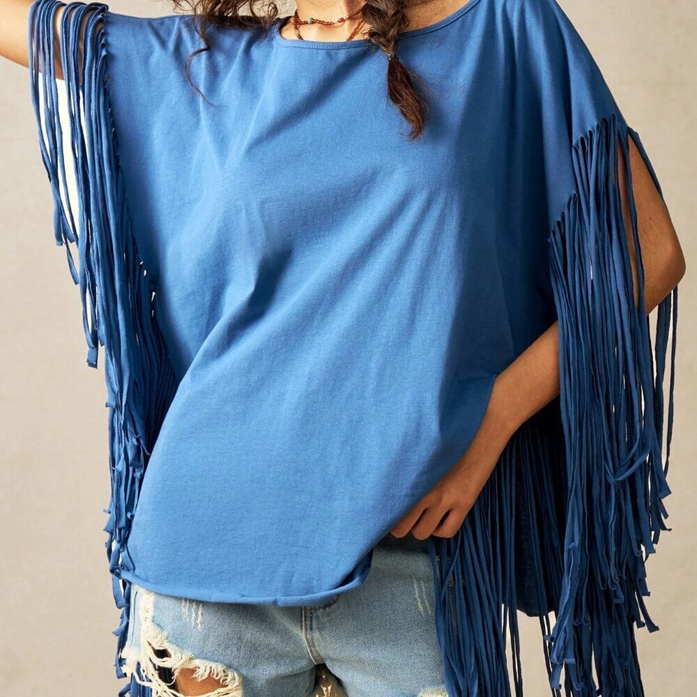 Blue Casual Women's Tropical Vacation Clothes Knit Oblique Collar Fringe T-Shirt - Picture 4 of 7